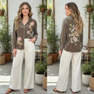 Anthropologie Como No? Taupe Velvet Floral Embroidered front back Button Down L‎